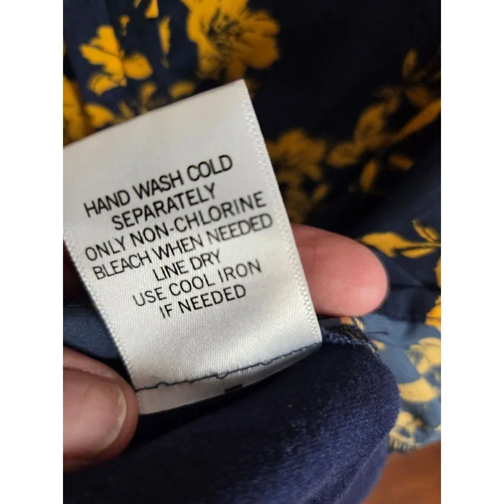 Market & Spruce Floral Sleeveless Ruffle Blouse Navy & Yellow Womens Large - Picture 11 of 14